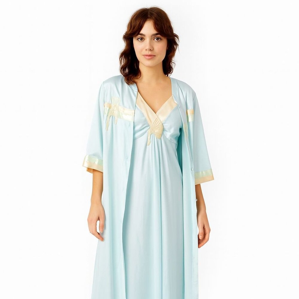 VTG Vanity Fair Peignoir Set Nightgown & Robe Light Blue Sleepwear Satin Size S